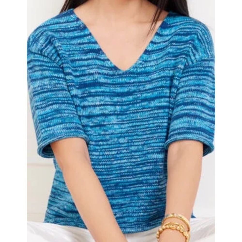 Talbots V-Neck Sweater P L Space Dye Blue Cotton Elbow Sleeve Coastal NEW TAGS